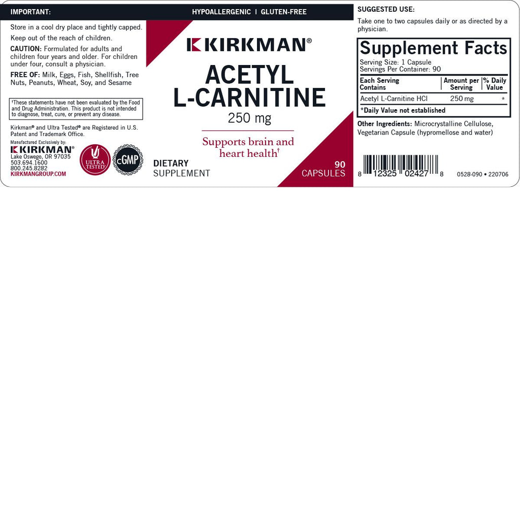 Acetil-L-carnitina 250 mg Hipoalergénico - Kirkman