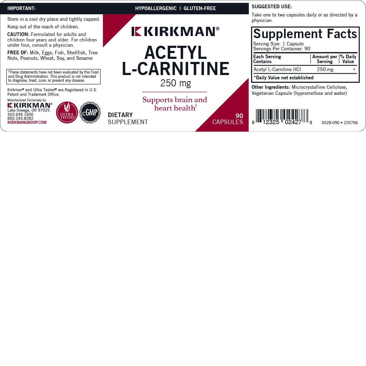 Acetil-L-carnitina 250 mg Hipoalergénico - Kirkman