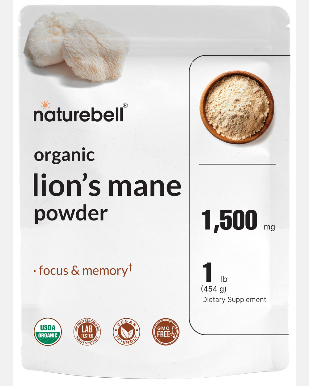 Polvo de Melena de León Orgánico 1500 mg por porción – 454 g – NatureBell