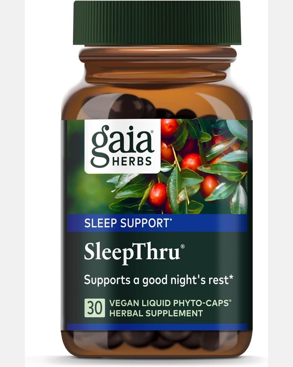 SleepThru – Suplemento Natural para el Sueño con Ashwagandha Orgánica, Magnolia, Pasiflora y Jujube – 30 Cápsulas Veganas Líquidas (15 días) | Gaia Herbs