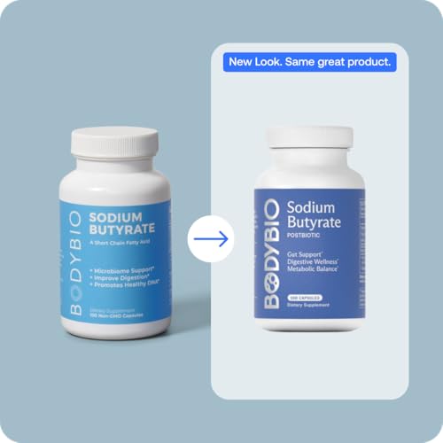 BodyBio Butyrate - Postbiotic for Gut Health, Digestive Support, Bloat, Gas & Constipation Relief, Leaky Gut Repair - Sodium + Butyric Acid Supplement for GI Wellness|B0058A9SF0