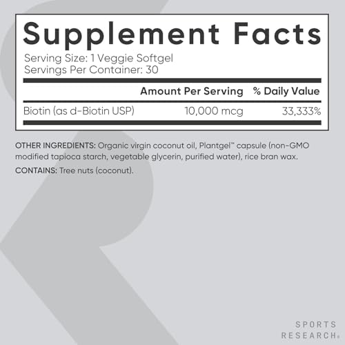 Sports Research® Biotin 10,000mcg w/Coconut Oil, 30 Count Plantgels™|B07M5QSQ53