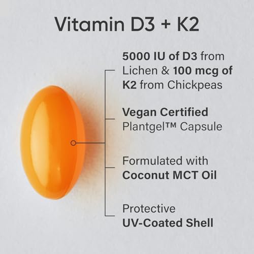 Sports Research Vitamin D3 K2 with 5000iu of Plant-Based D3 & 100mcg of Vitamin K2 as MK-7, Non-GMO Verified & Vegan Certified - 160 Liquid Softgels|B0BRLB87VZ
