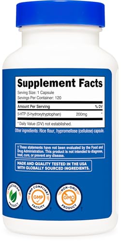 Nutricost 5-HTP 200mg, 120 Vegetarian Capsules (5-Hydroxytryptophan) - Non-GMO & Gluten Free|B07737HBN6