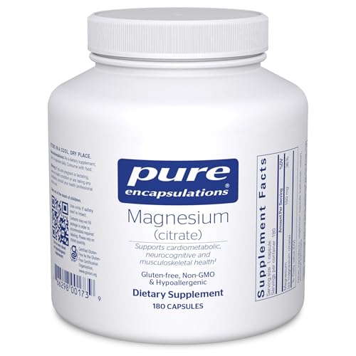 Pure Encapsulations Magnesium (Citrate) - Supplement for Sleep, Heart Health, Cognitive Health, Bone Health, Energy, Muscles, and Metabolism* - with Premium Magnesium - 180 Capsules|B0017CRZIK