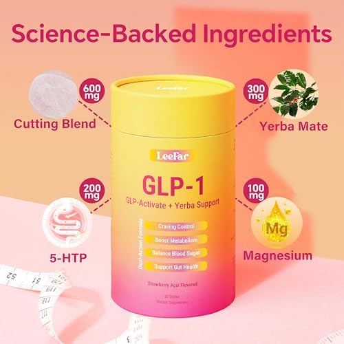 GLP-1 Support Drink Mix with Berberine, 5-HTP, Yerba Mate, Chromium and Prebiotic Fiber, Satiety, Metabolism and Gut Health Support, Strawberry Açaí, 30 Stick Packs|B0H4LX51KL