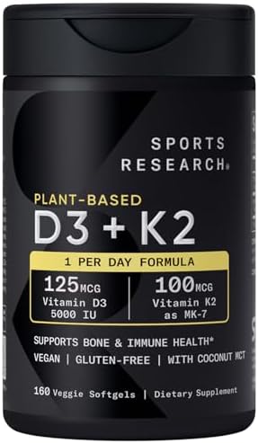 Sports Research Vitamin D3 K2 with 5000iu of Plant-Based D3 & 100mcg of Vitamin K2 as MK-7, Non-GMO Verified & Vegan Certified - 160 Liquid Softgels|B0BRLB87VZ