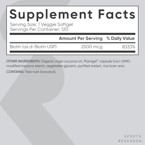 Sports Research® Biotin 2,500mcg w/Coconut Oil, 120 Count Plantgels™|B07Q4SJ8S1