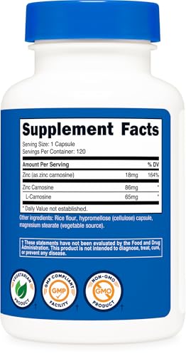 Nutricost Zinc Carnosine 86mg, 120 Capsules - Non-GMO, Gluten Free, Zinc L-Carnosine Supplement|B0BRNX1LLH