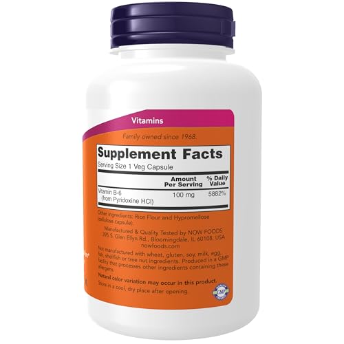NOW Foods Supplements, Vitamin B-6 (Pyridoxine HCl) 100 mg, Cardiovascular Health, 250 Veg Capsules|B005P0XRK0