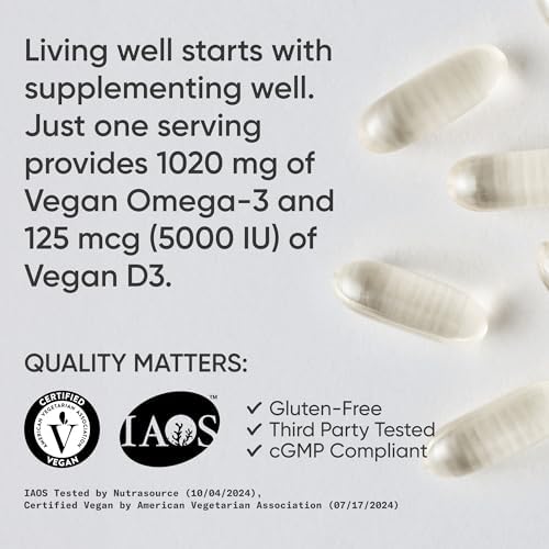 Sports Research® Vegan Omega-3 Algae Oil 1400mg w/Vegan D3 5000iu, 60 Count|B0B4MB6RJD