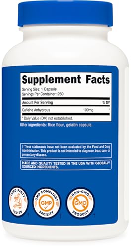 Nutricost Caffeine Pills 100mg Per Serving, 250 Capsules|B01MY5CW7S
