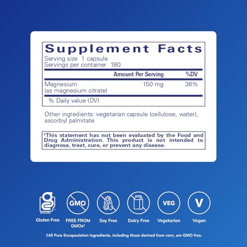 Pure Encapsulations Magnesium (Citrate) - Supplement for Sleep, Heart Health, Cognitive Health, Bone Health, Energy, Muscles, and Metabolism* - with Premium Magnesium - 180 Capsules|B0017CRZIK