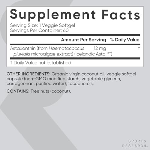 Sports Research® Vegan Astaxanthin 12mg w/Organic Coconut Oil, 60 Count|B00J2GBIU4