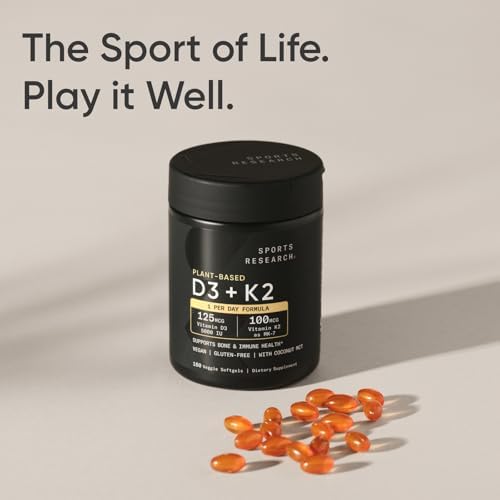 Sports Research Vitamin D3 K2 with 5000iu of Plant-Based D3 & 100mcg of Vitamin K2 as MK-7, Non-GMO Verified & Vegan Certified - 160 Liquid Softgels|B0BRLB87VZ