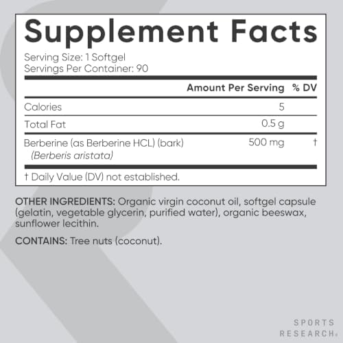 Sports Research® Berberine 500mg w/Organic Coconut Oil, 90 Softgels|B0CLFJ9BNM