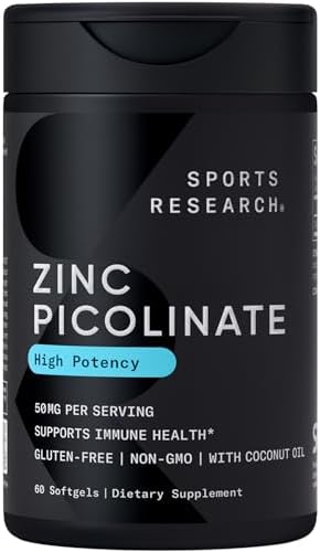 Sports Research® Zinc Picolinate 50mg w/Organic Coconut Oil, 60 Softgels|B0918RXWRY