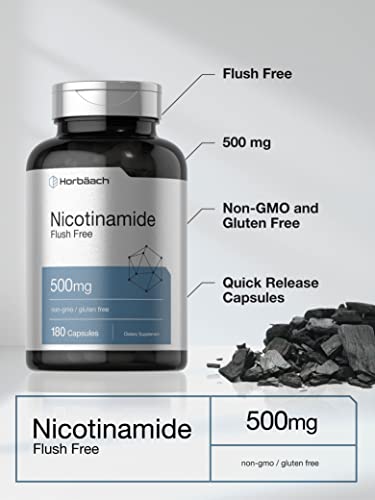 Horbäach Nicotinamide 500mg | 180 Capsules | Flush Free Dietary Supplement | Non-GMO and Gluten Free Vitamin|B0BPVLF6G7