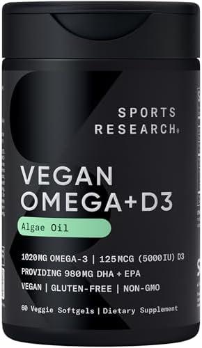 Sports Research® Vegan Omega-3 Algae Oil 1400mg w/Vegan D3 5000iu, 60 Count|B0B4MB6RJD