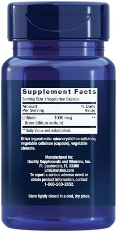 Life Extension Lithium, 1000 mcg – Lithium Orotate – Helps Maintain Cognitive Function & Memory – Low-Dose Formula – Non-GMO, Gluten-Free, Vegetarian – 100 Capsules|B088KQFT74