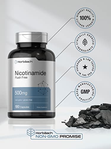 Horbäach Nicotinamide 500mg | 180 Capsules | Flush Free Dietary Supplement | Non-GMO and Gluten Free Vitamin|B0BPVLF6G7