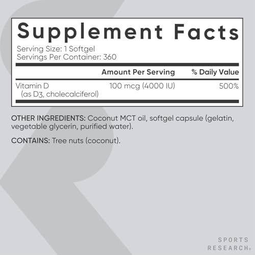 Sports Research® Vitamin D3 4000iu/100mcg with Coconut MCT Oil, 360 Count|B0CTVP683Q