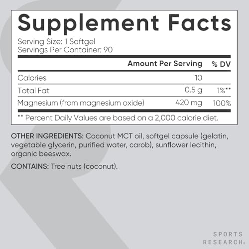 Sports Research® Magnesium Oxide 420mg w/Coconut MCT Oil, 90 Softgels|B0CWS9SHFM