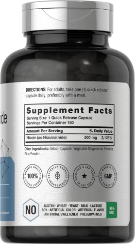 Horbäach Nicotinamide 500mg | 180 Capsules | Flush Free Dietary Supplement | Non-GMO and Gluten Free Vitamin|B0BPVLF6G7