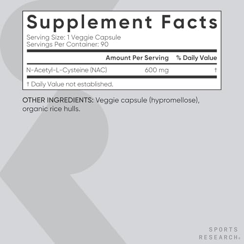 Sports Research® Vegan NAC (N-Acetyl Cysteine) 600mg, 90 Veggie Caps|B0BB5W867H