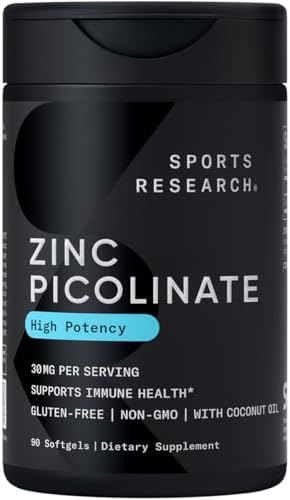 Sports Research® Zinc Picolinate 50mg w/Organic Coconut Oil, 60 Softgels|B0918RXWRY