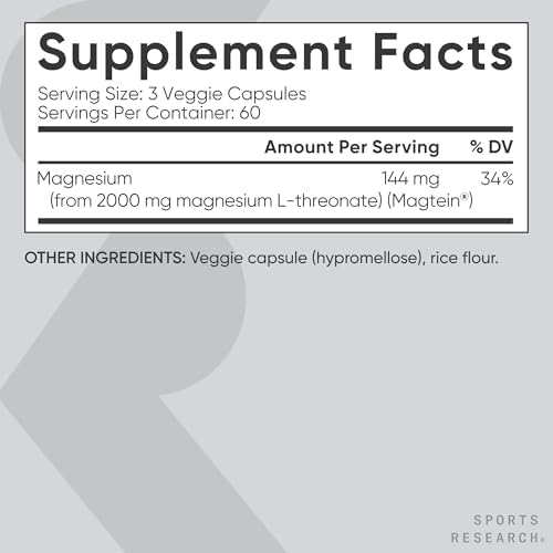 Sports Research® Magnesium L-Threonate 2000mg w/Magtein®, 180 Count|B0CDP398C6