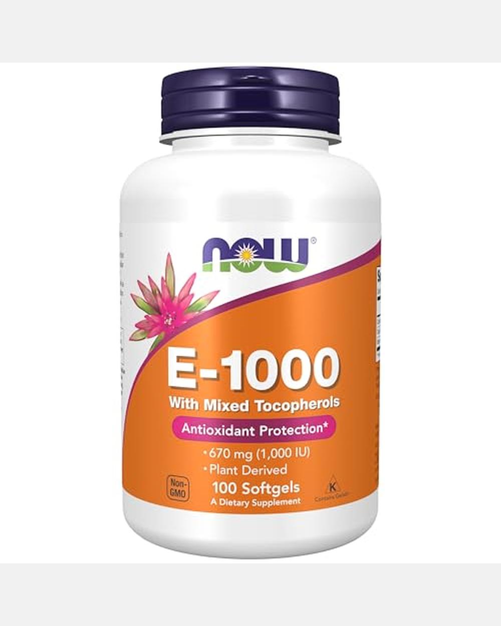 Vitamina E 1000 IU con Tocoferoles Mixtos, 100 cápsulas blandas - NOW Foods