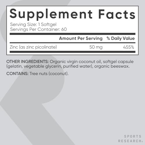 Sports Research® Zinc Picolinate 50mg w/Organic Coconut Oil, 60 Softgels|B0918RXWRY