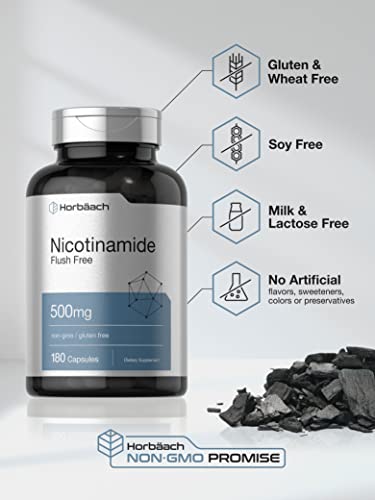 Horbäach Nicotinamide 500mg | 180 Capsules | Flush Free Dietary Supplement | Non-GMO and Gluten Free Vitamin|B0BPVLF6G7