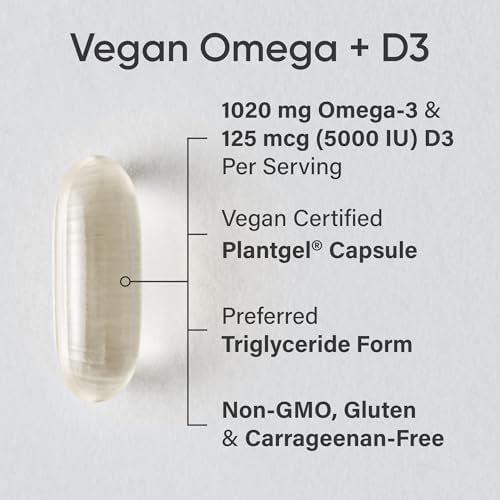 Sports Research® Vegan Omega-3 Algae Oil 1400mg w/Vegan D3 5000iu, 60 Count|B0B4MB6RJD