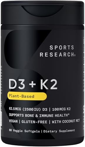 Sports Research® Vegan Vitamin D3 + K2 w/Coconut Oil, 60 Count Plantgels™|B0CK439Z95