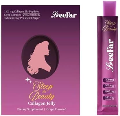 Sleep & Beauty Collagen Jelly, 1800mg Bio-Peptide Collagen, Magnesium Glycinate, L-Theanine & Hyaluronic Acid, Supports Sleep, Skin Hydration & Elasticity, Hair, Skin & Nails, Grape, 15 Sticks|B0H4QHC2Y9