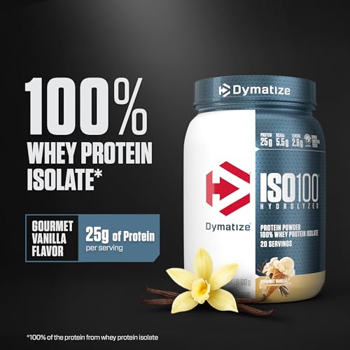 Dymatize ISO100 Whey Protein Powder Isolate, Gourmet Vanilla, 25g of Protein, 5.5g BCAAs, Less Than 120 Cal., Gluten Free, 1g Fat, 1g Sugar, 2g Carb (20 Servings)|B099J2SWXV