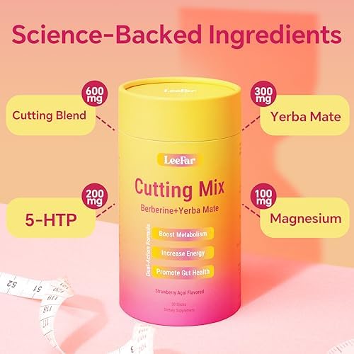 Cutting Drink Mix - Berberine, 5-HTP & Yerba Mate for Satiety Signaling, Metabolism & Gut Health - Strawberry Açaí Flavored, 30 Count|B0GZW5BBG8