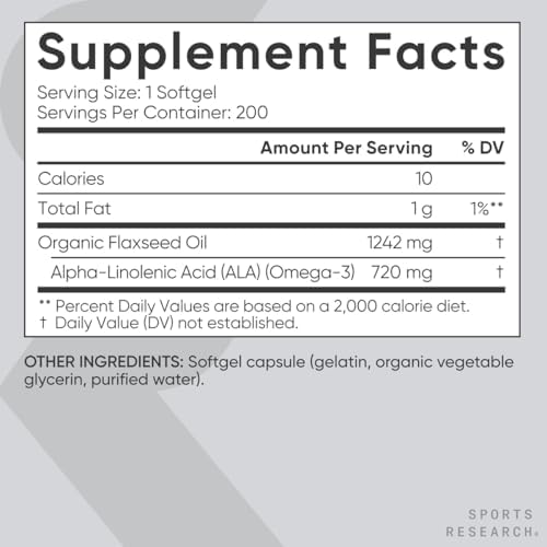 Sports Research® Organic Flaxseed Oil 1242mg, 200 Softgels|B0D4J5MS3Q