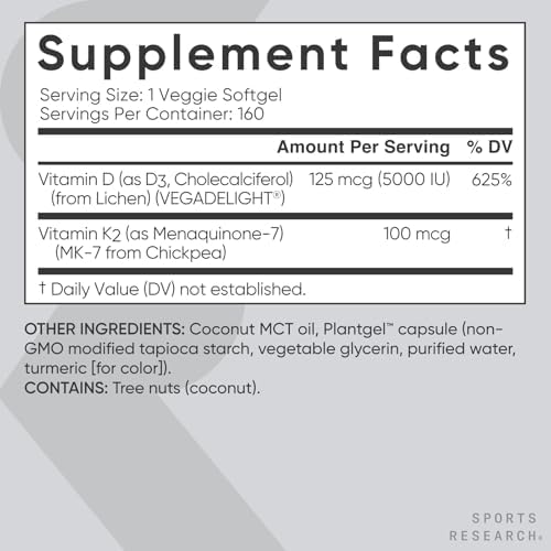 Sports Research Vitamin D3 K2 with 5000iu of Plant-Based D3 & 100mcg of Vitamin K2 as MK-7, Non-GMO Verified & Vegan Certified - 160 Liquid Softgels|B0BRLB87VZ