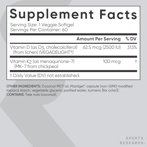 Sports Research® Vegan Vitamin D3 + K2 w/Coconut Oil, 60 Count Plantgels™|B0CK439Z95
