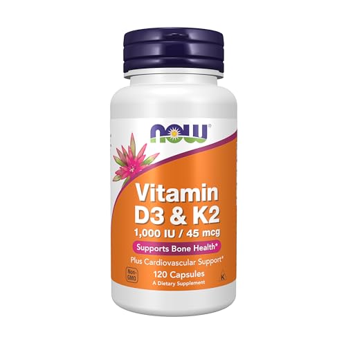NOW Supplements, Vitamin D-3 & K-2, 1,000 IU/45 mcg,Plus Cardiovascular Support*, Supports Bone Health*, 120 veg Capsules|B0019QT9LA
