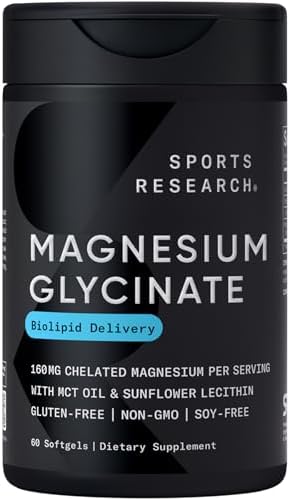 Sports Research® Magnesium Glycinate 160mg w/Coconut MCT Oil, 60 Softgels|B0D2JD6SXV