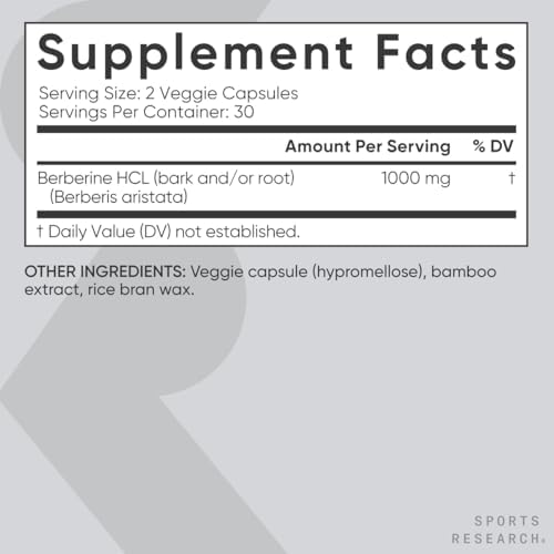 Sports Research® Berberine 1000mg, 60 Veggie Capsules|B0CCK314G2