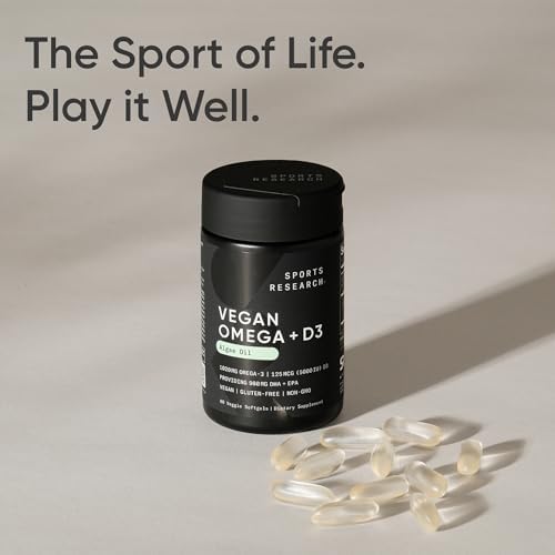 Sports Research® Vegan Omega-3 Algae Oil 1400mg w/Vegan D3 5000iu, 60 Count|B0B4MB6RJD