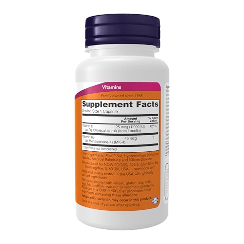NOW Supplements, Vitamin D-3 & K-2, 1,000 IU/45 mcg,Plus Cardiovascular Support*, Supports Bone Health*, 120 veg Capsules|B0019QT9LA