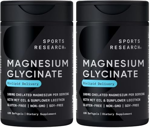 Sports Research® Magnesium Glycinate 160mg w/Coconut MCT Oil, 60 Softgels|B0D2JD6SXV
