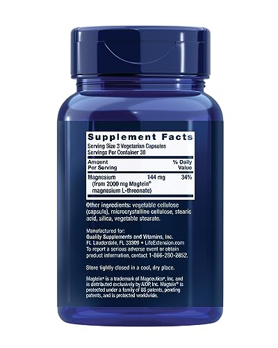 Life Extension Neuro-Mag Magnesium L-Threonate, Memory Health, Quick Thinking, Cognitive Health Support, Vegetarian, Non-GMO, 90 Vegetarian Capsules (144 mg from 2000 mg Magtein magnesium L-threonate|B006P536E6