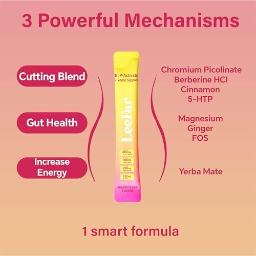 GLP-1 Support Drink Mix with Berberine, 5-HTP, Yerba Mate, Chromium and Prebiotic Fiber, Satiety, Metabolism and Gut Health Support, Strawberry Açaí, 30 Stick Packs|B0H4LX51KL
